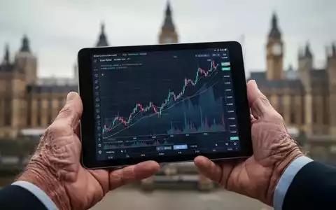 Ältere Hand hält Tablet mit Finanzgrafik, im unscharfen Hintergrund sind Regierungsgebäude angedeutet. - Foto: über boerse-global.de