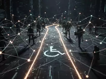 Abstrakte Darstellung digitaler Barrierefreiheit mit leuchtenden Pfaden und Hindernissen, symbolisiert durch vernetzte Linien und Knotenpunkte. - Foto: über boerse-global.de