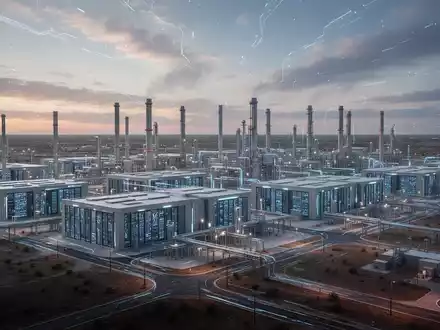 A vast, futuristic data center complex with integrated natural gas power infrastructure under a wide West Texas sky. - Foto: über boerse-global.de