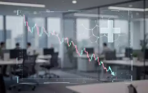 Ein fallender Börsenkurs auf einem digitalen Display mit einer subtilen medizinischen Grafik im Hintergrund eines modernen Büros. - Foto: über boerse-global.de