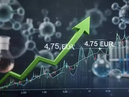 Grüner Pfeil zeigt auf 4,75 EUR in einem digitalen Aktienchart, mit verschwommenen Biotech-Elementen im Hintergrund. - Foto: über boerse-global.de
