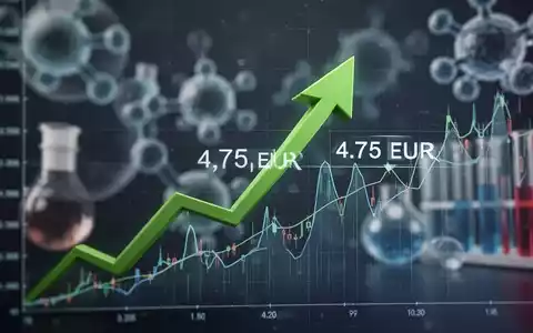 Grüner Pfeil zeigt auf 4,75 EUR in einem digitalen Aktienchart, mit verschwommenen Biotech-Elementen im Hintergrund. - Foto: über boerse-global.de