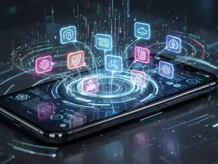 A smartphone screen showing a holographic AI interface with interconnected app icons and data streams, symbolizing advanced automation. - Foto: über boerse-global.de