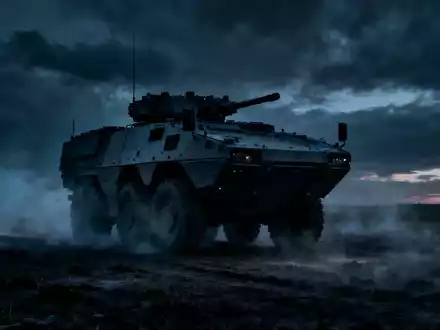 Ein einsames Rheinmetall Militärfahrzeug auf einem nebligen Schlachtfeld bei Dämmerung, das Unsicherheit und Herausforderungen symbolisiert. - Foto: über boerse-global.de
