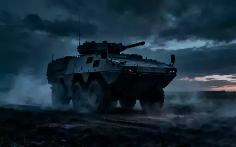Ein einsames Rheinmetall Militärfahrzeug auf einem nebligen Schlachtfeld bei Dämmerung, das Unsicherheit und Herausforderungen symbolisiert. - Foto: über boerse-global.de