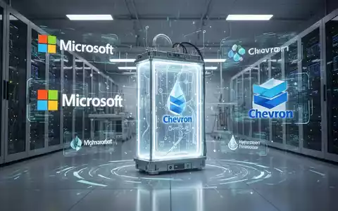 Eine futuristische, leuchtende Wasserstoff-Brennstoffzelle, umgeben von digitalen Projektionen der Logos von Microsoft und Chevron. - Foto: über boerse-global.de