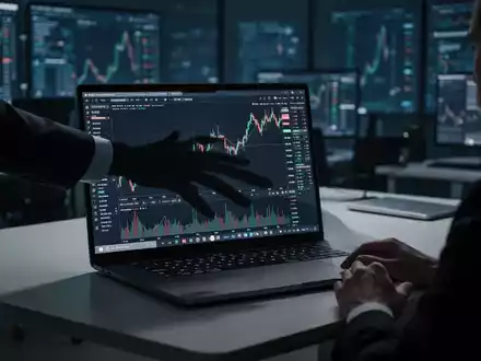Eine Hand greift nach einem Laptop-Bildschirm mit Kryptowährungscharts, der Betrug und Täuschung symbolisiert. - Foto: über boerse-global.de