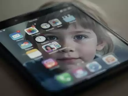 Ein Kind blickt auf einen Smartphone-Bildschirm, der verschwommene App-Symbole zeigt. Das Bild reflektiert die Debatte über Smartphone-Nutzung und Zeitmanagement bei Jugendlichen. - Foto: über boerse-global.de