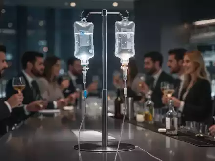 Eine stilvolle Bar mit einem Infusionsständer, der eine leuchtende Flüssigkeit enthält, inmitten von Menschen, die Getränke genießen. - Foto: über boerse-global.de