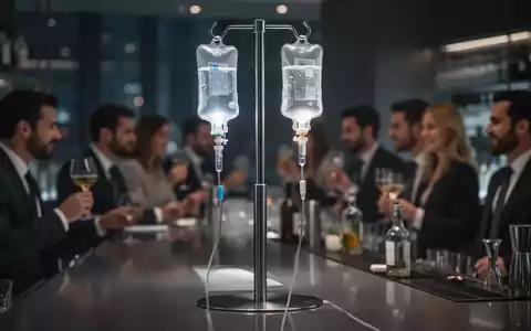 Eine stilvolle Bar mit einem Infusionsständer, der eine leuchtende Flüssigkeit enthält, inmitten von Menschen, die Getränke genießen. - Foto: über boerse-global.de