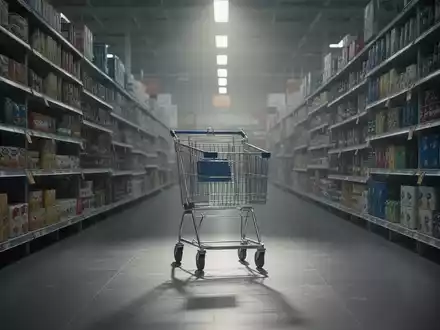 Ein einsamer Einkaufswagen in einem schwach beleuchteten Supermarktganges, der Konsumgüter und Marktveränderungen symbolisiert. - Foto: über boerse-global.de