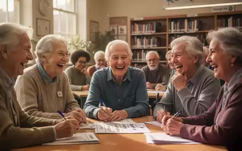 Ältere Menschen nehmen an einem lebhaften Quizspiel teil, lachen und interagieren in einem Gemeinschaftszentrum. - Foto: über boerse-global.de