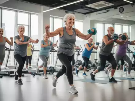 Senioren beim gemeinsamen Training in einem Fitnessstudio, das Ausdauer- und Kraftübungen kombiniert. - Foto: über boerse-global.de