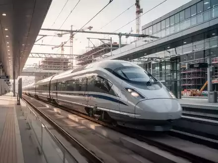 Ein moderner Hochgeschwindigkeitszug fährt durch einen imposanten, neuen Bahnhof mit Anzeichen von Bauarbeiten im Hintergrund. - Foto: über boerse-global.de