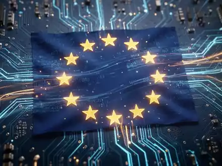 A glowing EU flag interwoven with a digital circuit board, symbolizing European digital sovereignty and technology development. - Foto: über boerse-global.de