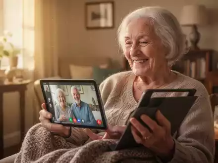 Eine lächelnde ältere Frau führt einen Videoanruf auf einem Tablet, umgeben von einer warmen, einladenden häuslichen Umgebung. - Foto: über boerse-global.de