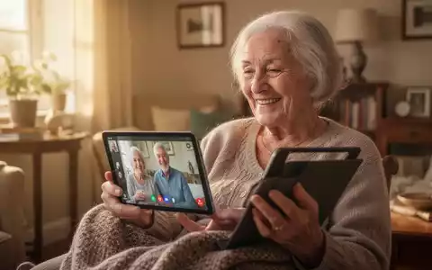Eine lächelnde ältere Frau führt einen Videoanruf auf einem Tablet, umgeben von einer warmen, einladenden häuslichen Umgebung. - Foto: über boerse-global.de