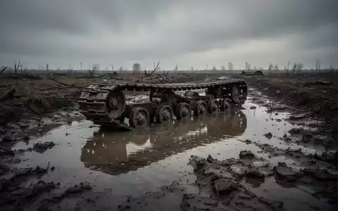 Ein einzelner, abgenutzter Panzerkettenstrang liegt in einer schlammigen, trostlosen Landschaft unter einem bewölkten Himmel. - Foto: über boerse-global.de