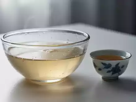 Eine Nahaufnahme einer klaren Flüssigkeit in einer Glasschale neben einer Teetasse, die eine schonende Ernährung darstellt. - Foto: über boerse-global.de