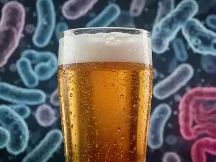Ein Glas alkoholfreies Bier mit Kondensation, im Hintergrund verschwommen mikroskopische Darstellungen von Darmbakterien. - Foto: über boerse-global.de