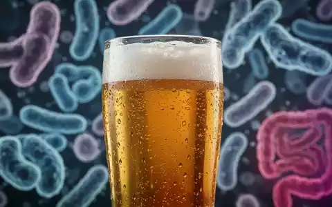 Ein Glas alkoholfreies Bier mit Kondensation, im Hintergrund verschwommen mikroskopische Darstellungen von Darmbakterien. - Foto: über boerse-global.de