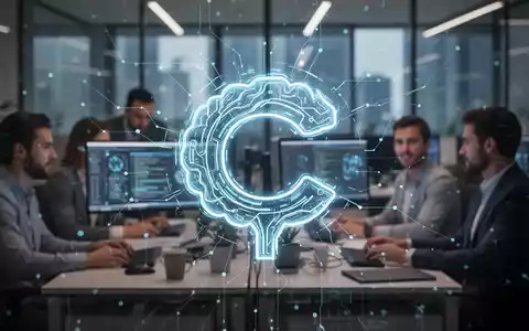 A glowing, stylized AI icon representing Copilot, superimposed over a blurred image of an office with people working on computers. - Foto: über boerse-global.de