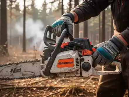 Nahaufnahme der Hände eines Forstarbeiters in Schutzhandschuhen, der eine Kettensäge in einem trockenen Wald hält. - Foto: über boerse-global.de