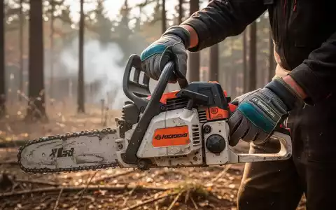 Nahaufnahme der Hände eines Forstarbeiters in Schutzhandschuhen, der eine Kettensäge in einem trockenen Wald hält. - Foto: über boerse-global.de
