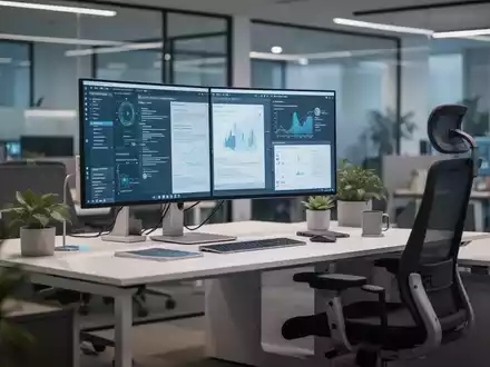 Ein ergonomischer Büroarbeitsplatz mit großem Bildschirm, verstellbarem Stuhl und Pflanzen, der moderne Bürosicherheit und Gesundheit symbolisiert. - Foto: über boerse-global.de