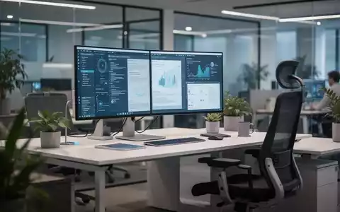 Ein ergonomischer Büroarbeitsplatz mit großem Bildschirm, verstellbarem Stuhl und Pflanzen, der moderne Bürosicherheit und Gesundheit symbolisiert. - Foto: über boerse-global.de