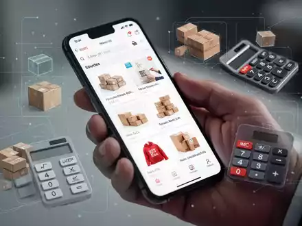 Eine Hand hält ein Smartphone mit einer E-Commerce-App, umgeben von stilisierten Paketen und einem Taschenrechner, der steigende Kosten symbolisiert. - Foto: über boerse-global.de