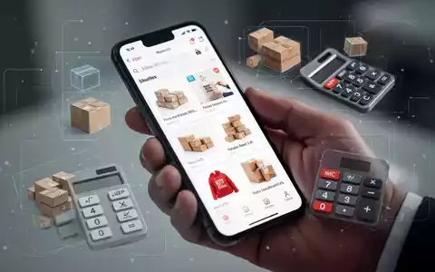 Eine Hand hält ein Smartphone mit einer E-Commerce-App, umgeben von stilisierten Paketen und einem Taschenrechner, der steigende Kosten symbolisiert. - Foto: über boerse-global.de