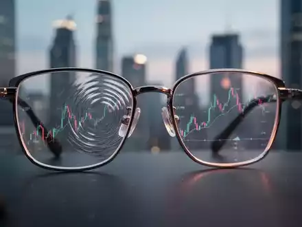 Eine hochwertige Brille mit einer subtilen Wellenverzerrung auf einem Glas, vor dem Hintergrund einer verschwommenen Finanzmetropole. - Foto: über boerse-global.de