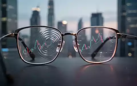 Eine hochwertige Brille mit einer subtilen Wellenverzerrung auf einem Glas, vor dem Hintergrund einer verschwommenen Finanzmetropole. - Foto: über boerse-global.de