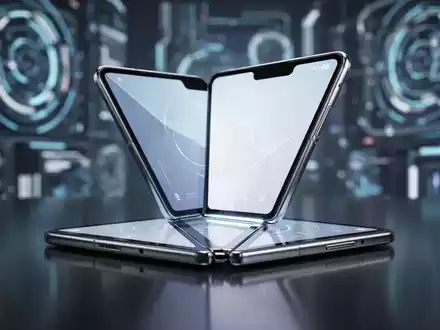 A sleek, futuristic foldable smartphone, partially open, with a glowing screen, resting on a reflective surface. - Foto: über boerse-global.de