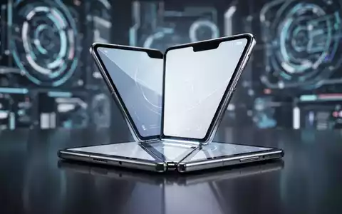 A sleek, futuristic foldable smartphone, partially open, with a glowing screen, resting on a reflective surface. - Foto: über boerse-global.de