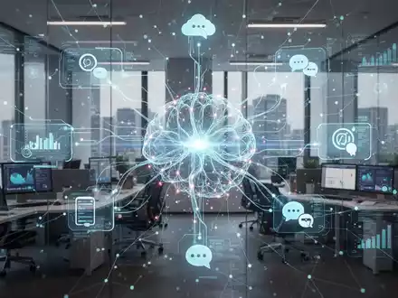 A glowing neural network interface overlays a modern office, symbolizing AI integration into business workflows and communication tools. - Foto: über boerse-global.de
