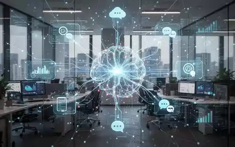A glowing neural network interface overlays a modern office, symbolizing AI integration into business workflows and communication tools. - Foto: über boerse-global.de