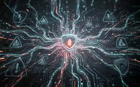 Ein stilisiertes, leuchtendes neuronales Netz oder eine Platine mit schnell fließenden digitalen Datenströmen und abstrakten Warnsymbolen. - Foto: über boerse-global.de