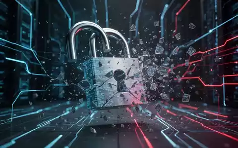 A digital padlock shattering into glowing fragments, symbolizing data theft and cybersecurity breaches. Dark background with network lines. - Foto: über boerse-global.de