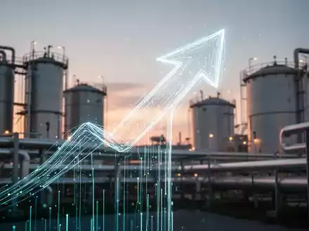 Ein stilisierter, leuchtender Pfeil zeigt nach oben über einer unscharfen Industrieanlage mit Lagertanks und Pipelines bei Sonnenaufgang. - Foto: über boerse-global.de