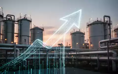 Ein stilisierter, leuchtender Pfeil zeigt nach oben über einer unscharfen Industrieanlage mit Lagertanks und Pipelines bei Sonnenaufgang. - Foto: über boerse-global.de