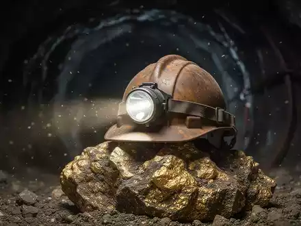 Ein einsamer Bergarbeiterhelm mit Stirnlampe liegt auf rauem Golderz in einem dunklen Minentunnel, der Unsicherheit vermittelt. - Foto: über boerse-global.de