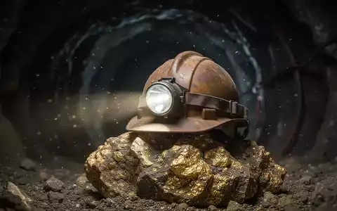 Ein einsamer Bergarbeiterhelm mit Stirnlampe liegt auf rauem Golderz in einem dunklen Minentunnel, der Unsicherheit vermittelt. - Foto: über boerse-global.de