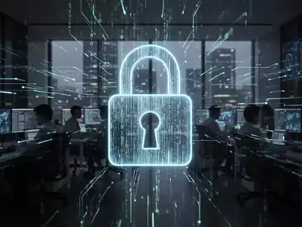 A glowing digital padlock with code, surrounded by abstract data streams and people at computers, representing cybersecurity. - Foto: über boerse-global.de