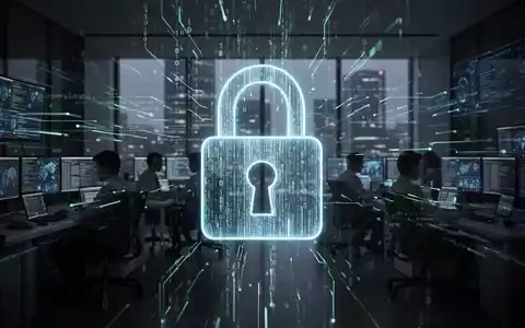A glowing digital padlock with code, surrounded by abstract data streams and people at computers, representing cybersecurity. - Foto: über boerse-global.de