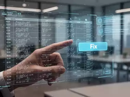 A stylized hand interacts with a holographic spreadsheet showing formulas and an AI 'Fix' button, set in a modern office. - Foto: über boerse-global.de