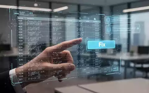 A stylized hand interacts with a holographic spreadsheet showing formulas and an AI 'Fix' button, set in a modern office. - Foto: über boerse-global.de