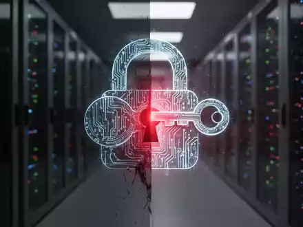 Ein leuchtendes digitales Schloss, halb im Schatten, über einem Serverraum, symbolisiert eine Hintertür in Firmennetzwerken. - Foto: über boerse-global.de