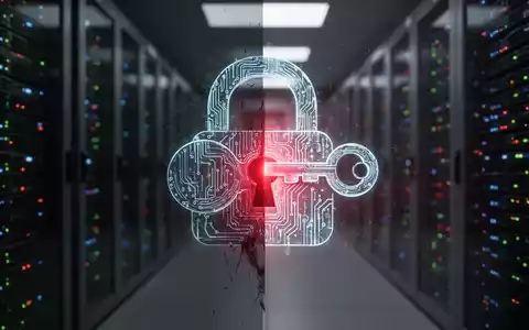 Ein leuchtendes digitales Schloss, halb im Schatten, über einem Serverraum, symbolisiert eine Hintertür in Firmennetzwerken. - Foto: über boerse-global.de